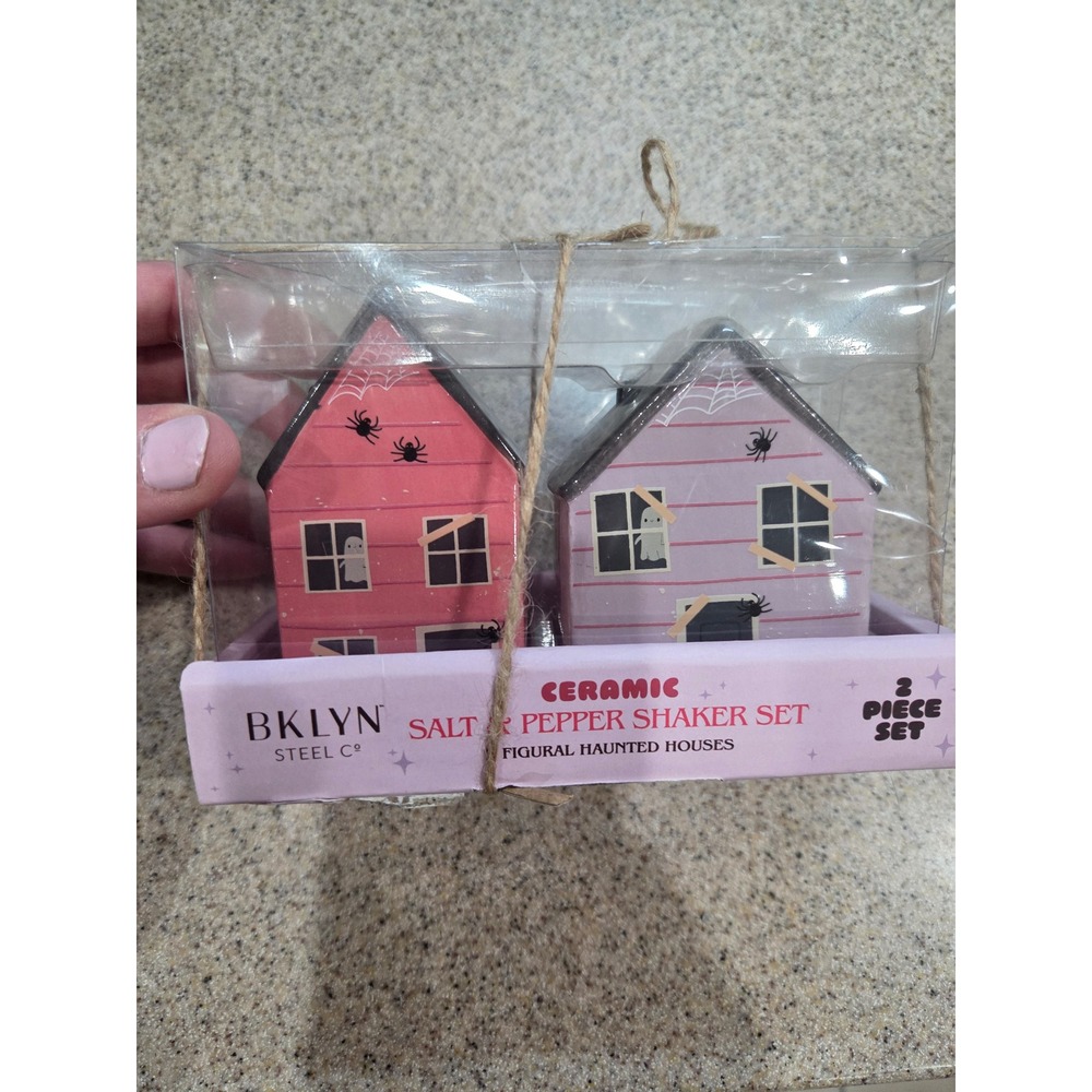 Pink and Purple Ceramic Haunted House Salt and Pepper Shaker Set Halloween